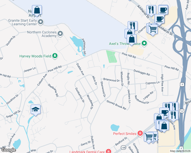 map of restaurants, bars, coffee shops, grocery stores, and more near 15 Alice Drive in Nashua