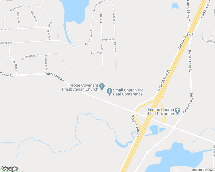 map of restaurants, bars, coffee shops, grocery stores, and more near 10235 White Lake Road in Fenton
