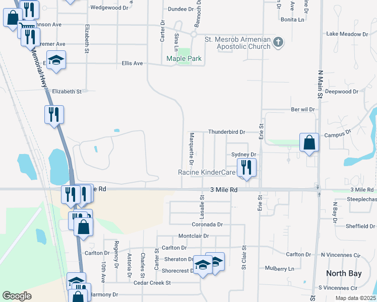 map of restaurants, bars, coffee shops, grocery stores, and more near 4130 Marquette Drive in Racine