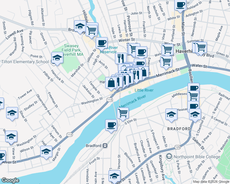 map of restaurants, bars, coffee shops, grocery stores, and more near 135 Washington Street in Haverhill