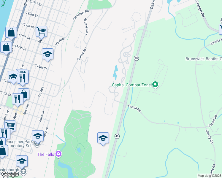 map of restaurants, bars, coffee shops, grocery stores, and more near 223 Diamond Rock Circle in Troy