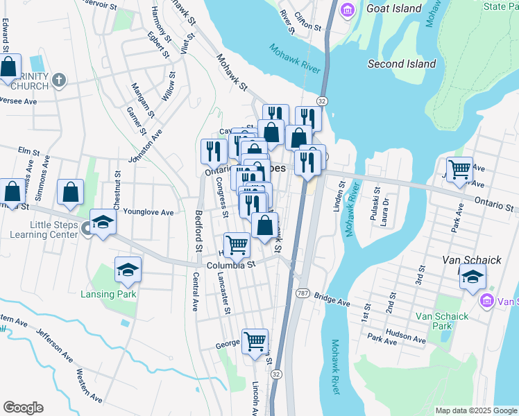 map of restaurants, bars, coffee shops, grocery stores, and more near 180 Remsen Street in Cohoes