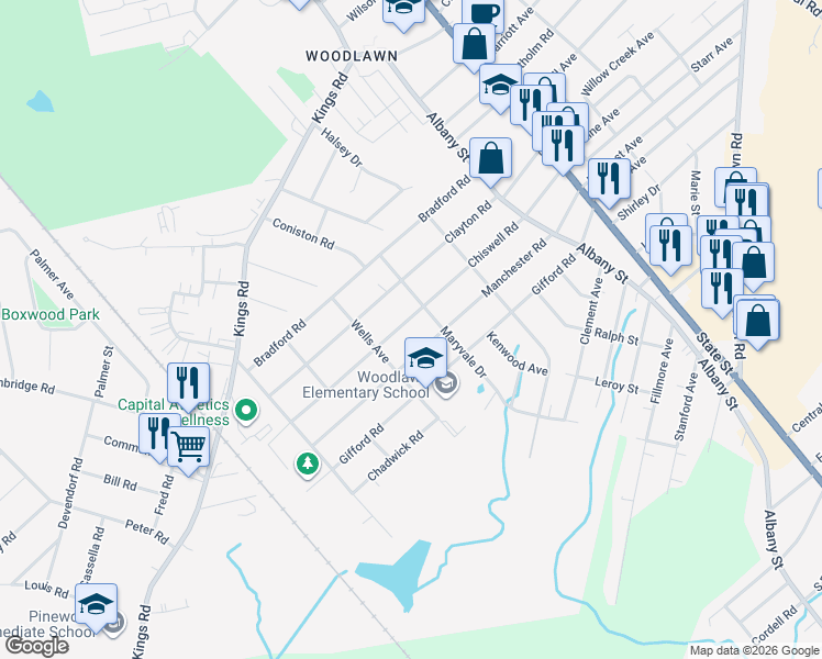 map of restaurants, bars, coffee shops, grocery stores, and more near 318 Chiswell Road in Schenectady