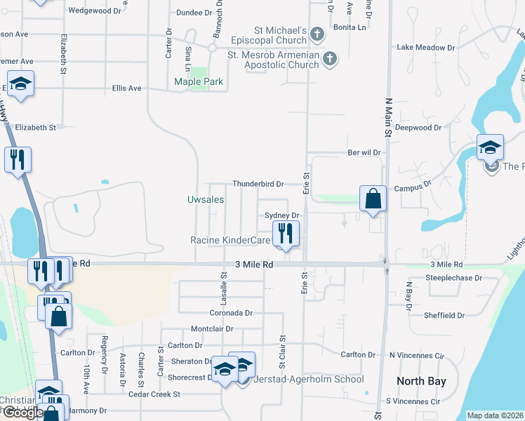map of restaurants, bars, coffee shops, grocery stores, and more near 724 Sydney Drive in Racine