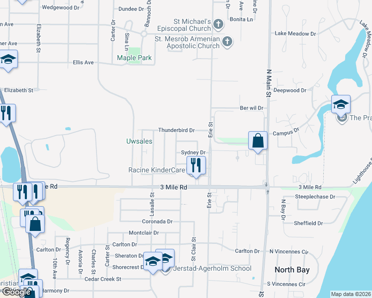 map of restaurants, bars, coffee shops, grocery stores, and more near 724 Sydney Drive in Racine