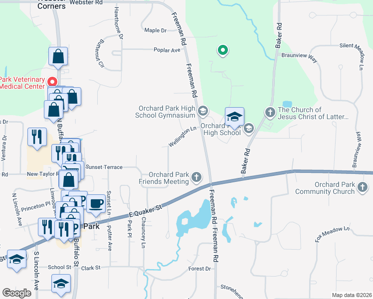 map of restaurants, bars, coffee shops, grocery stores, and more near 35 Wellington Lane in Orchard Park