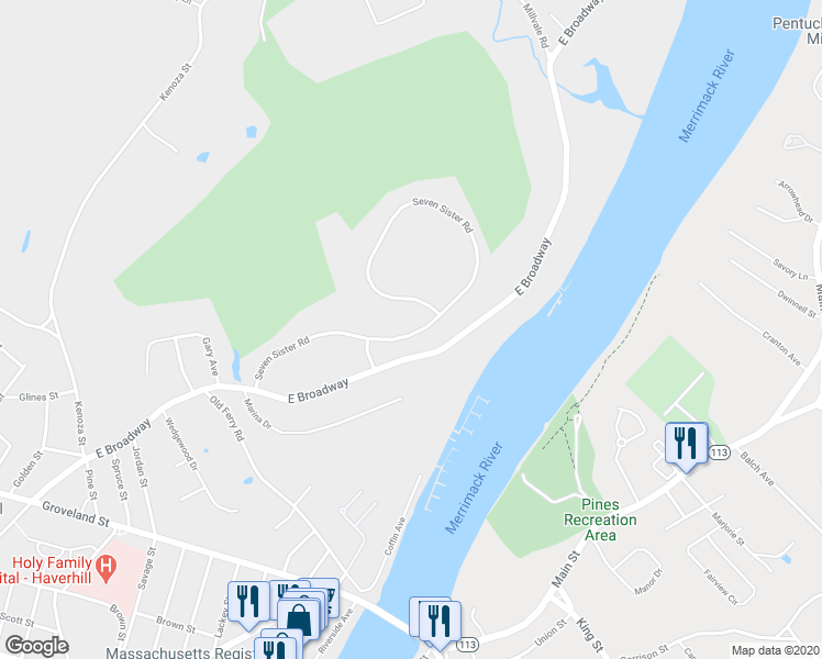 map of restaurants, bars, coffee shops, grocery stores, and more near 54 7 Sister Road in Haverhill