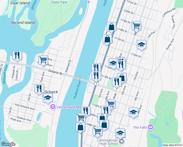map of restaurants, bars, coffee shops, grocery stores, and more near 501 1st Avenue in Troy