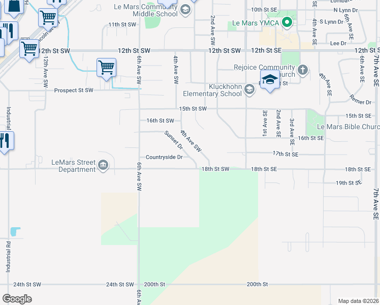 map of restaurants, bars, coffee shops, grocery stores, and more near 1690 Sunset Drive in Le Mars