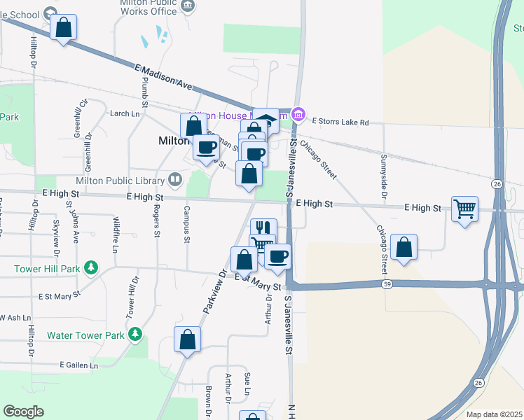 map of restaurants, bars, coffee shops, grocery stores, and more near 711 East High Street in Milton