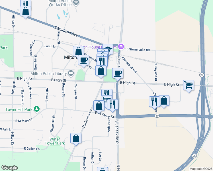 map of restaurants, bars, coffee shops, grocery stores, and more near 711 East High Street in Milton