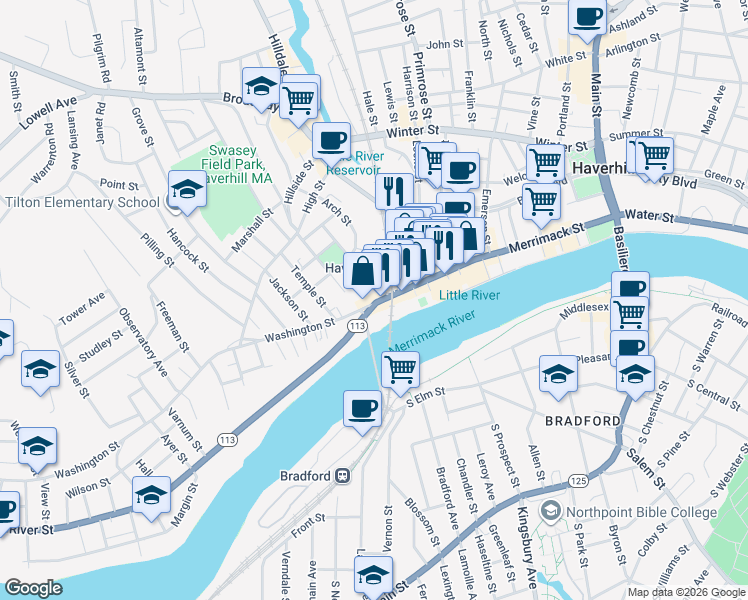map of restaurants, bars, coffee shops, grocery stores, and more near 135 Washington Street in Haverhill