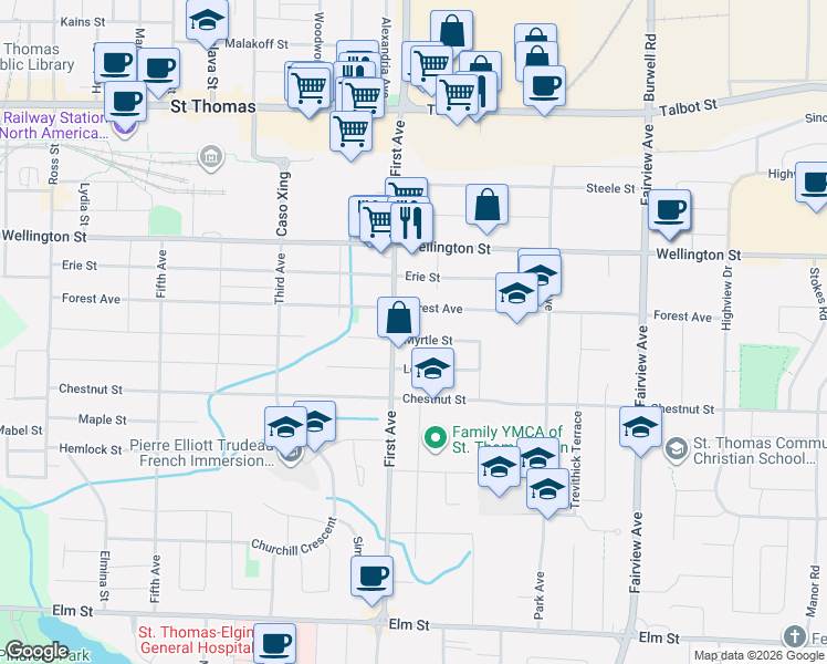 map of restaurants, bars, coffee shops, grocery stores, and more near 174 Myrtle Street in St. Thomas