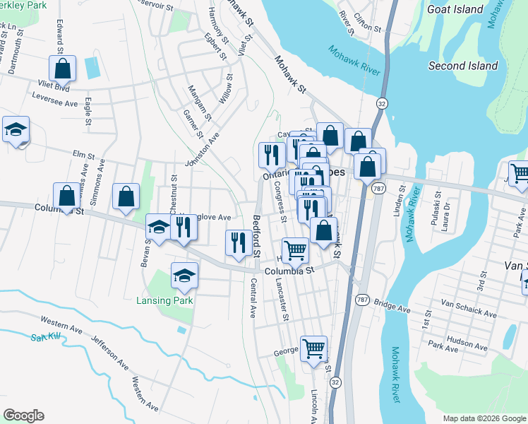 map of restaurants, bars, coffee shops, grocery stores, and more near 71 White Street in Cohoes