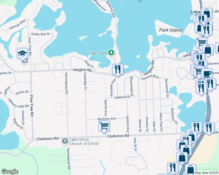 map of restaurants, bars, coffee shops, grocery stores, and more near 670 Ferndale Avenue in Lake Orion