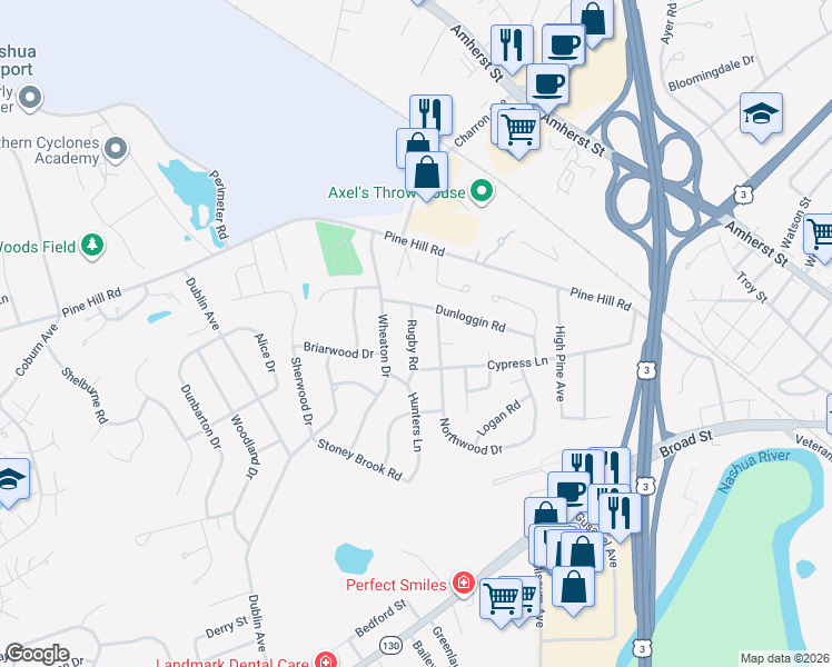 map of restaurants, bars, coffee shops, grocery stores, and more near 6 Rugby Rd in Nashua