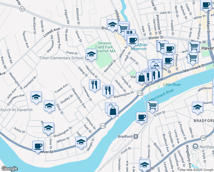 map of restaurants, bars, coffee shops, grocery stores, and more near 2 Hancock Street in Haverhill