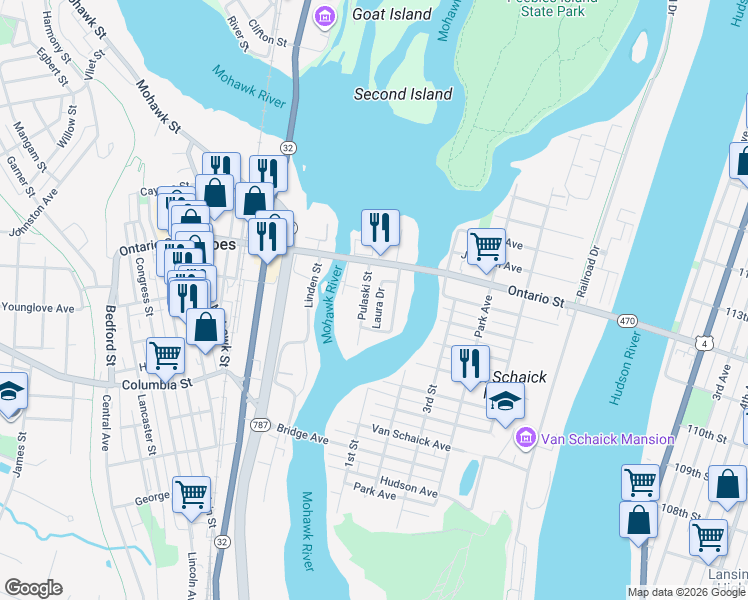 map of restaurants, bars, coffee shops, grocery stores, and more near 73 Pulaski Street in Cohoes