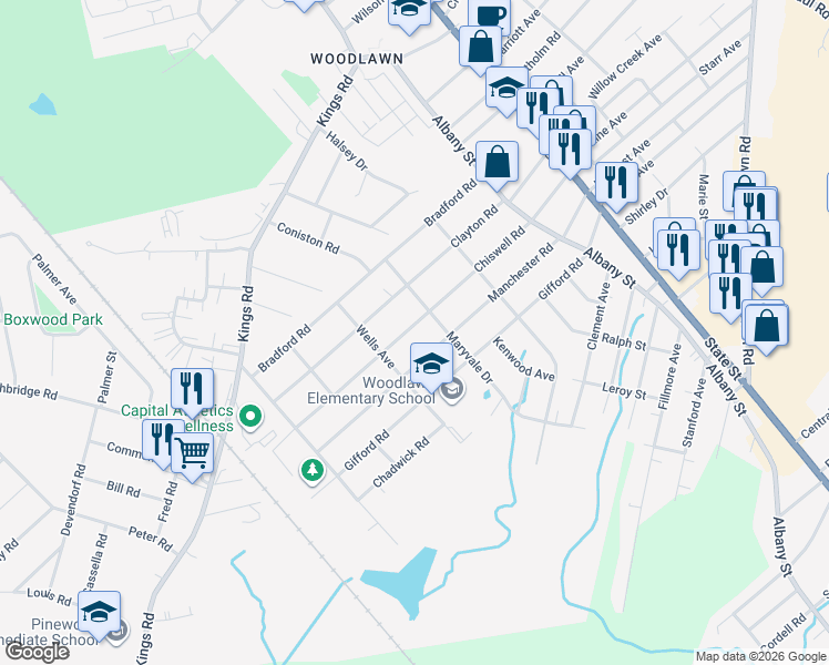 map of restaurants, bars, coffee shops, grocery stores, and more near 318 Chiswell Road in Schenectady
