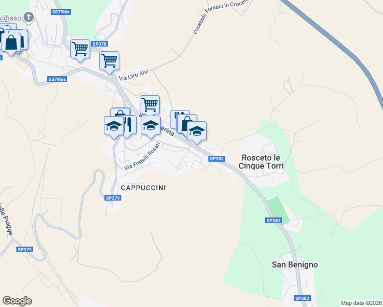map of restaurants, bars, coffee shops, grocery stores, and more near 15 Via del Broglino in Todi