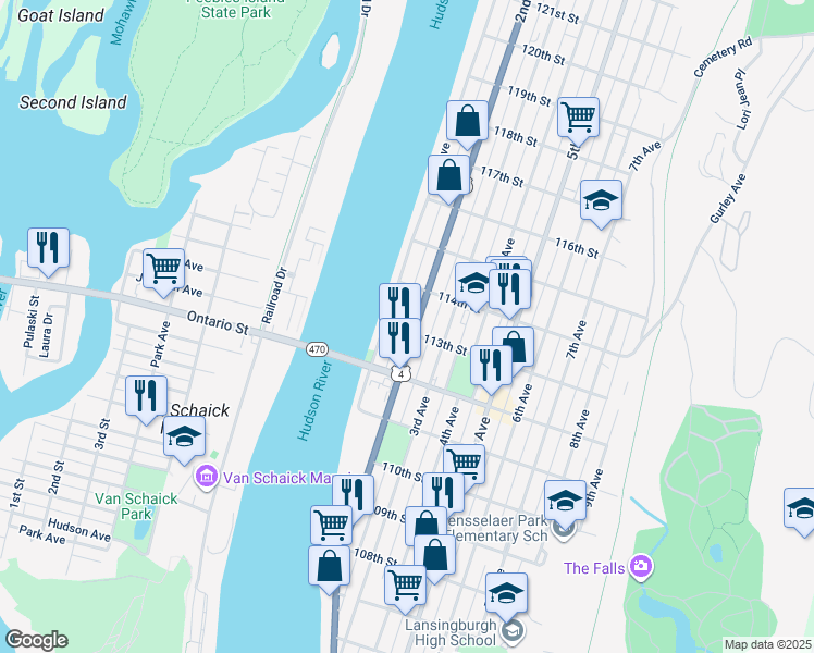 map of restaurants, bars, coffee shops, grocery stores, and more near 505 2nd Avenue in Troy