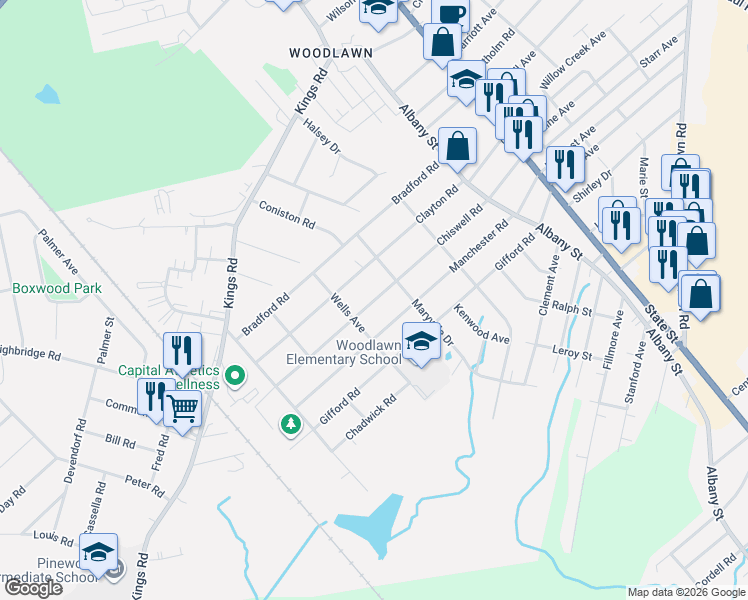 map of restaurants, bars, coffee shops, grocery stores, and more near Chiswell Road in Schenectady