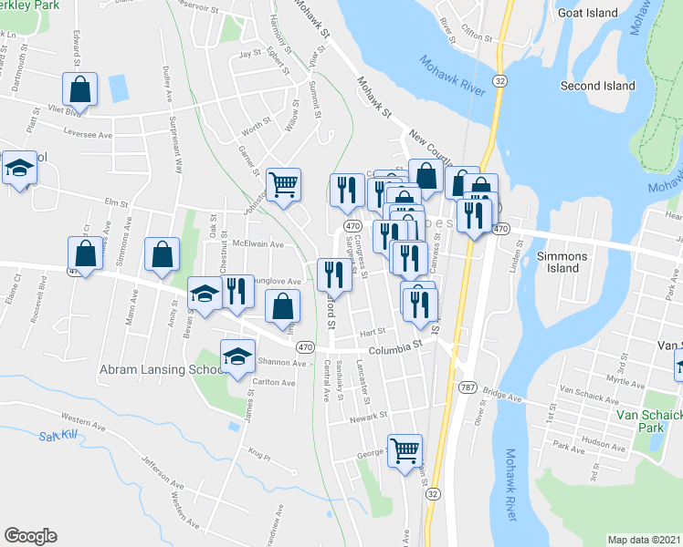 map of restaurants, bars, coffee shops, grocery stores, and more near 71 White Street in Cohoes