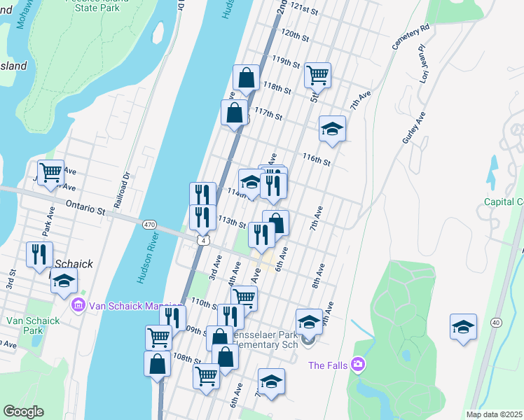map of restaurants, bars, coffee shops, grocery stores, and more near 528 4th Avenue in Troy