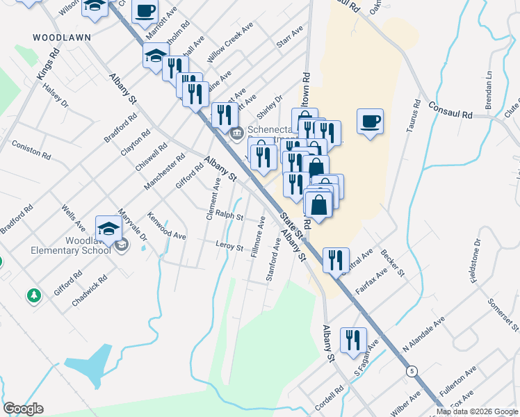 map of restaurants, bars, coffee shops, grocery stores, and more near 191 Fillmore Avenue in Schenectady