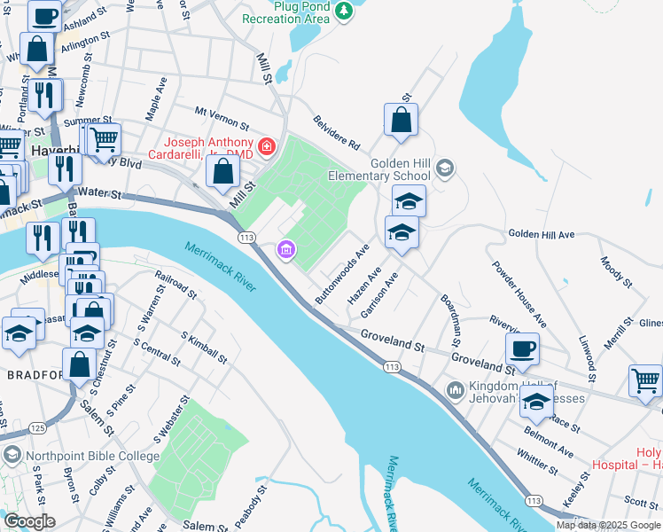 map of restaurants, bars, coffee shops, grocery stores, and more near in Haverhill