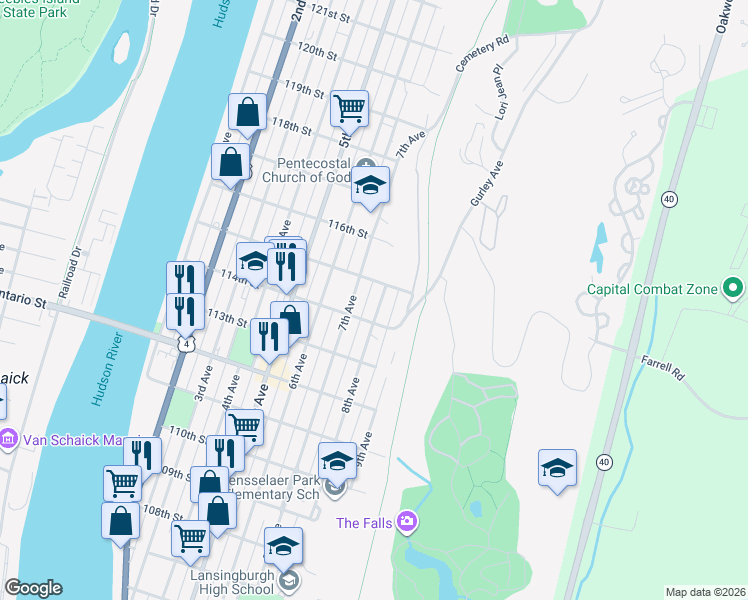 map of restaurants, bars, coffee shops, grocery stores, and more near 549 8th Avenue in Troy