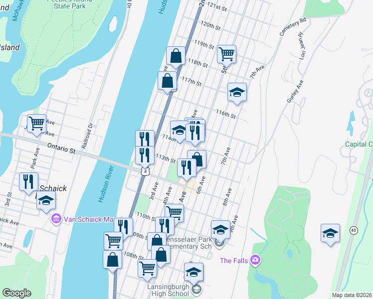 map of restaurants, bars, coffee shops, grocery stores, and more near 528 4th Avenue in Troy