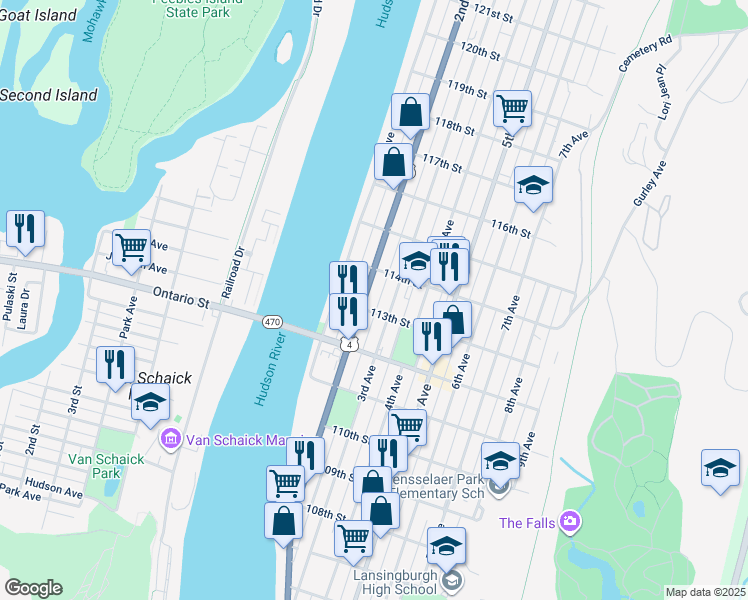 map of restaurants, bars, coffee shops, grocery stores, and more near 505 2nd Avenue in Troy
