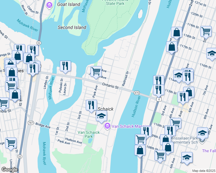 map of restaurants, bars, coffee shops, grocery stores, and more near 54 Ontario Street in Cohoes