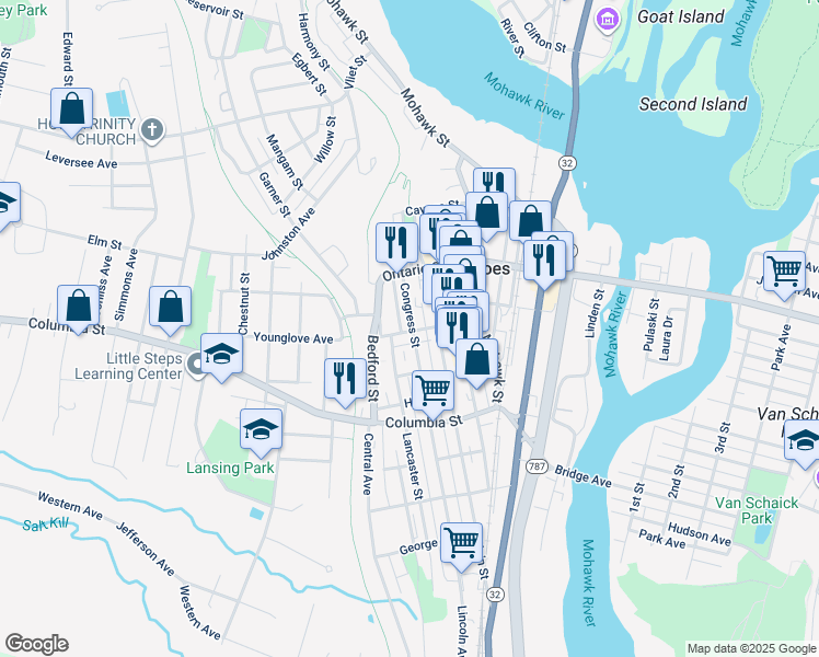 map of restaurants, bars, coffee shops, grocery stores, and more near 39 White Street in Cohoes
