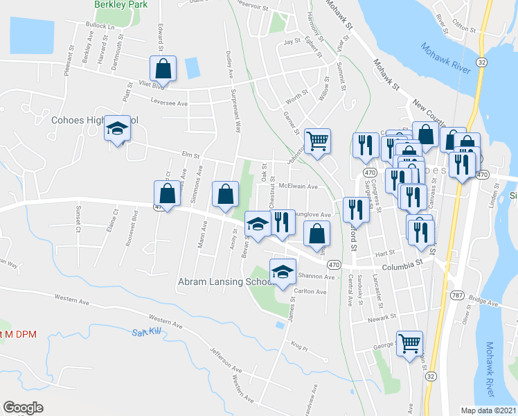 map of restaurants, bars, coffee shops, grocery stores, and more near 83 Younglove Avenue in Cohoes