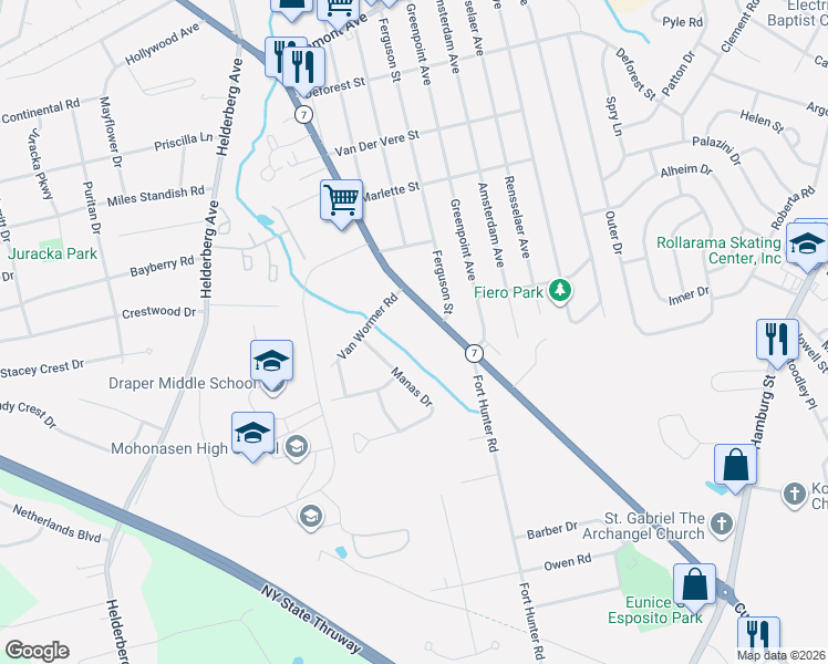 map of restaurants, bars, coffee shops, grocery stores, and more near 2114 Van Wormer Road in Schenectady