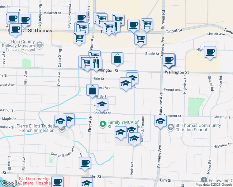 map of restaurants, bars, coffee shops, grocery stores, and more near in St. Thomas