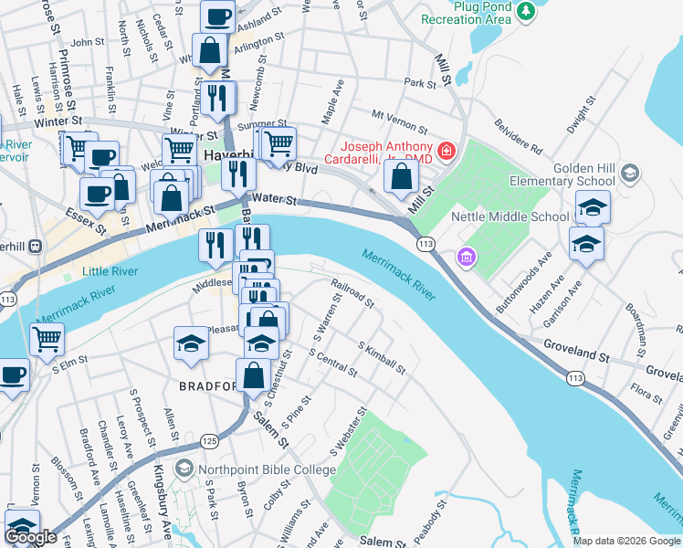 map of restaurants, bars, coffee shops, grocery stores, and more near South River Street in Haverhill