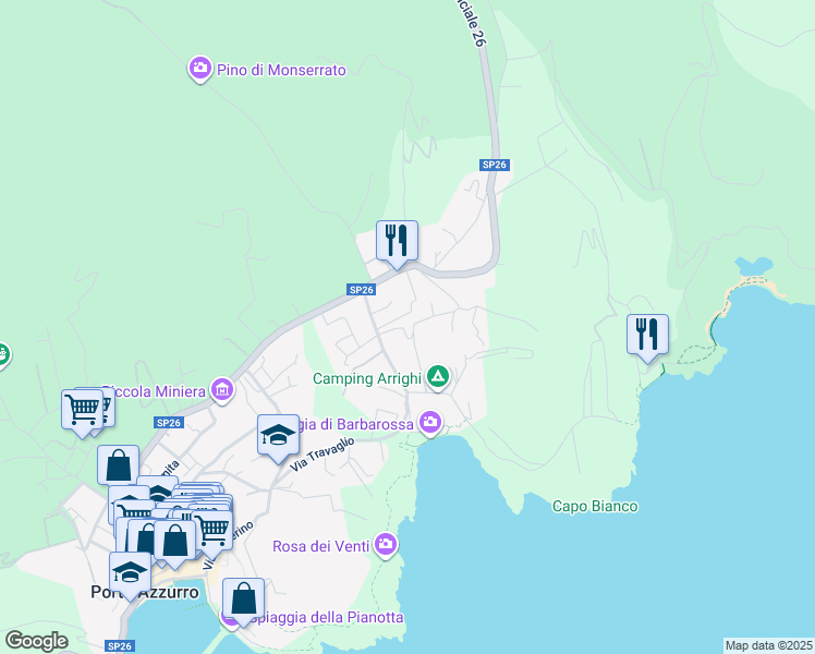 map of restaurants, bars, coffee shops, grocery stores, and more near 9 Via Barbarossa in Provincia di Livorno
