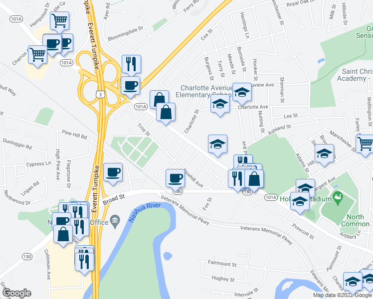 map of restaurants, bars, coffee shops, grocery stores, and more near 4 Berkshire Street in Nashua