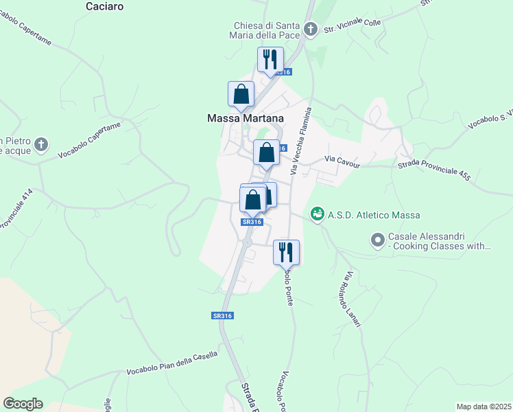 map of restaurants, bars, coffee shops, grocery stores, and more near 64 Via Roma in Massa Martana