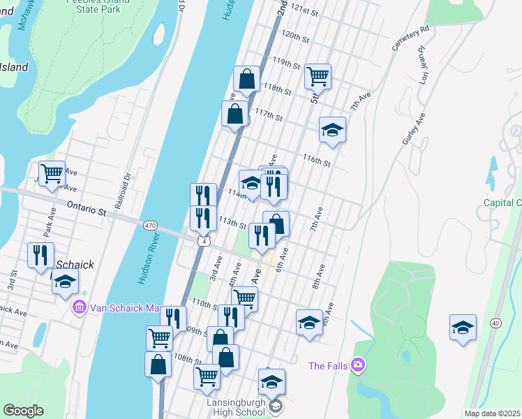 map of restaurants, bars, coffee shops, grocery stores, and more near 528 4th Avenue in Troy