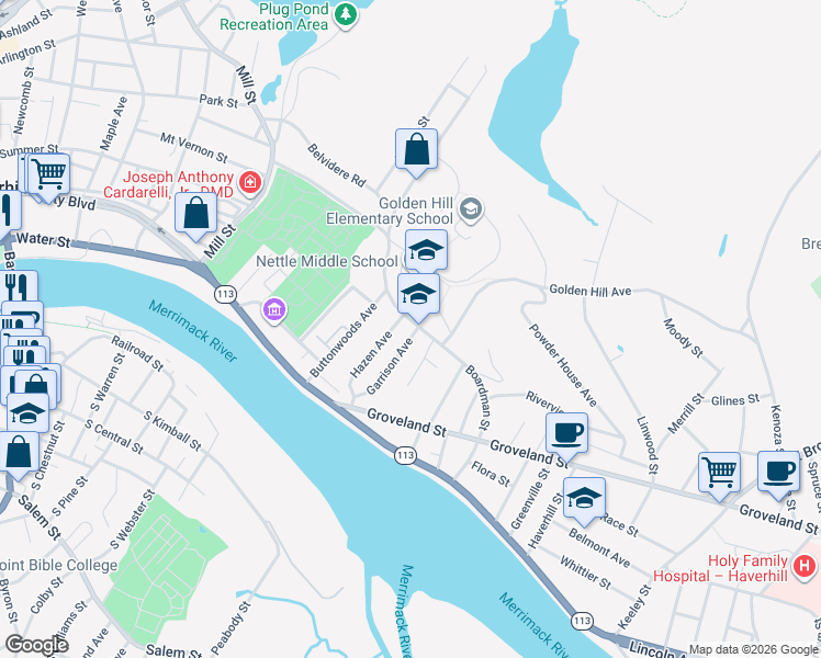 map of restaurants, bars, coffee shops, grocery stores, and more near 163 Boardman Street in Haverhill