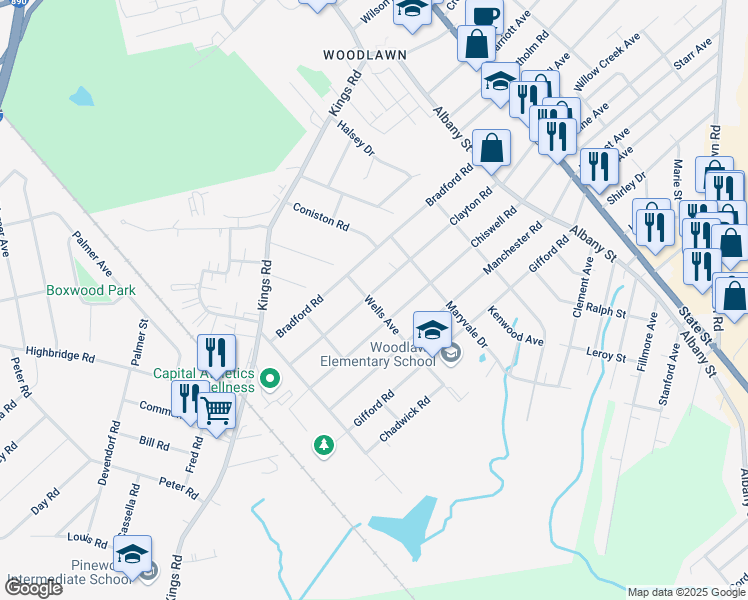 map of restaurants, bars, coffee shops, grocery stores, and more near 358 Clayton Road in Schenectady
