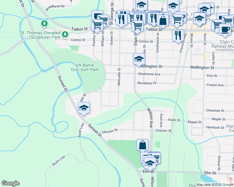 map of restaurants, bars, coffee shops, grocery stores, and more near 100 Metcalfe Street in St. Thomas