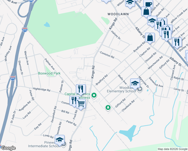 map of restaurants, bars, coffee shops, grocery stores, and more near 524 Kings Road in Schenectady