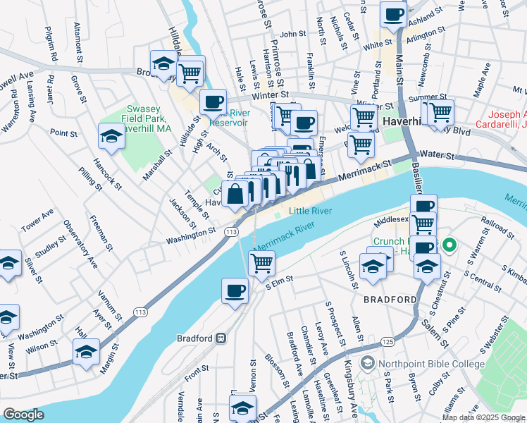 map of restaurants, bars, coffee shops, grocery stores, and more near 122 Washington Street in Haverhill