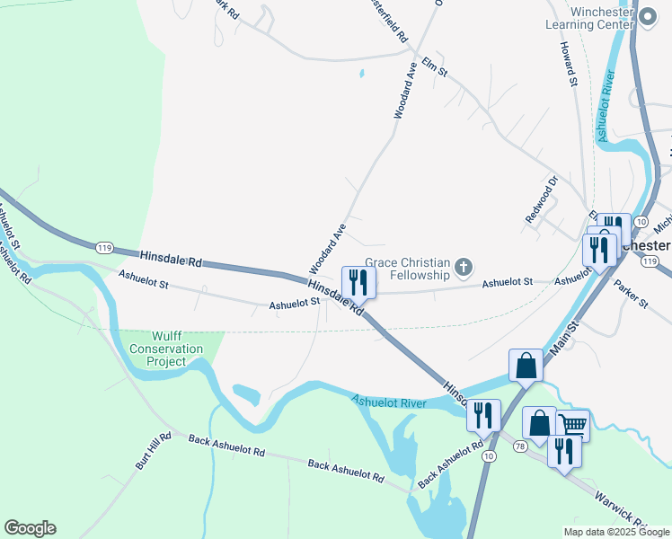 map of restaurants, bars, coffee shops, grocery stores, and more near 109 Hinsdale Road in Winchester