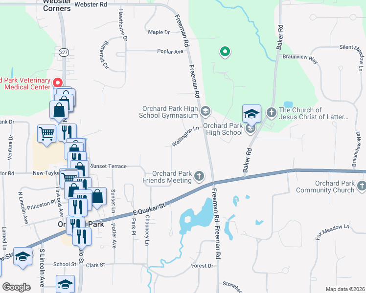 map of restaurants, bars, coffee shops, grocery stores, and more near 35 Wellington Ln in Orchard Park